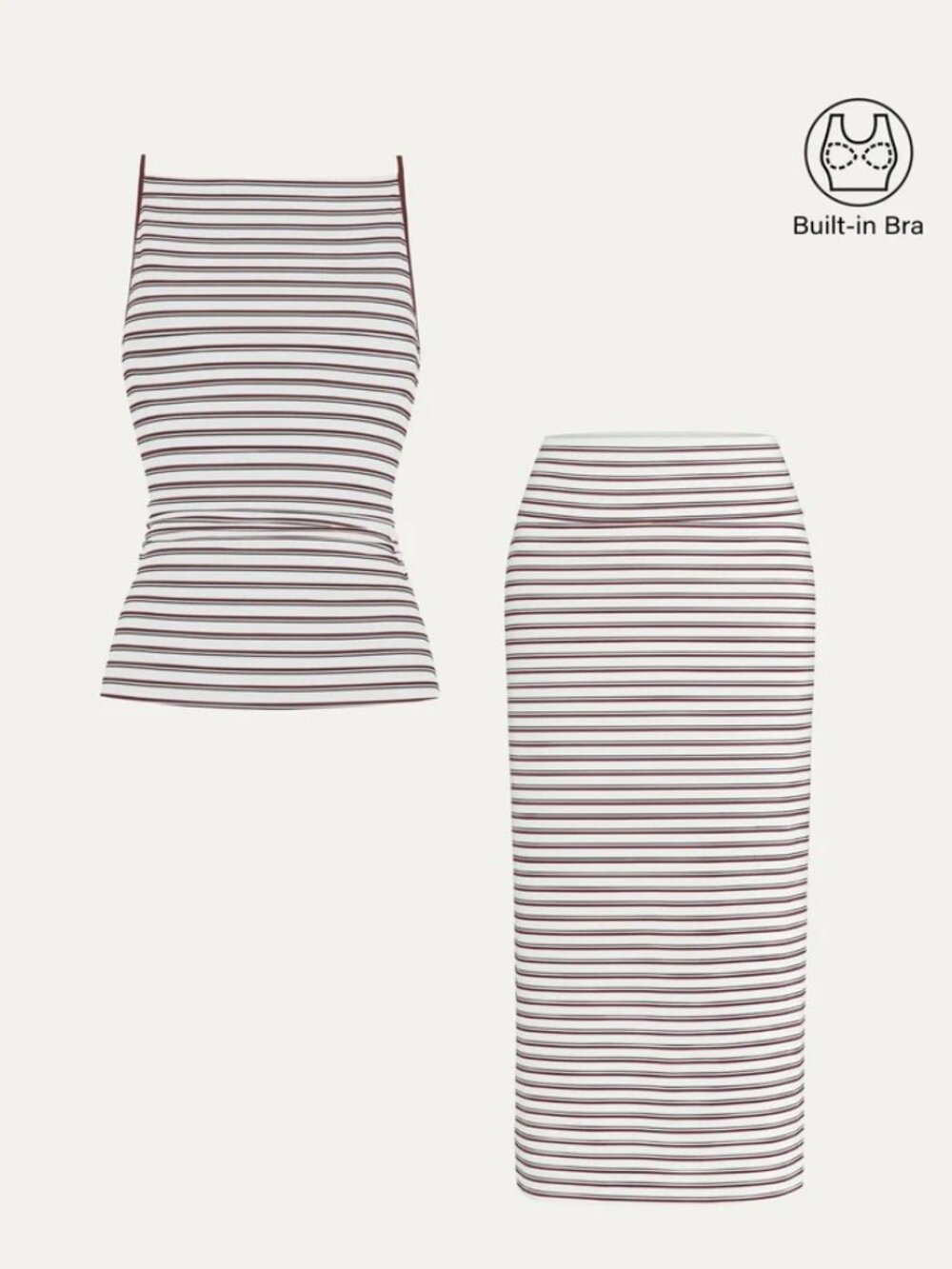 2Pcs Set Striped Spaghetti Bra Top & Low Rise Striped Midi Skirt - White